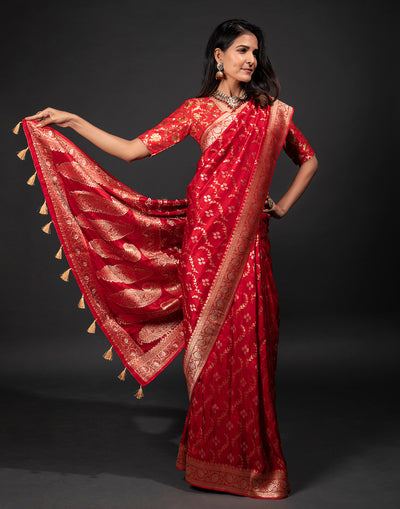 Bright Red Saree In Dola Silk With Floral Buttas