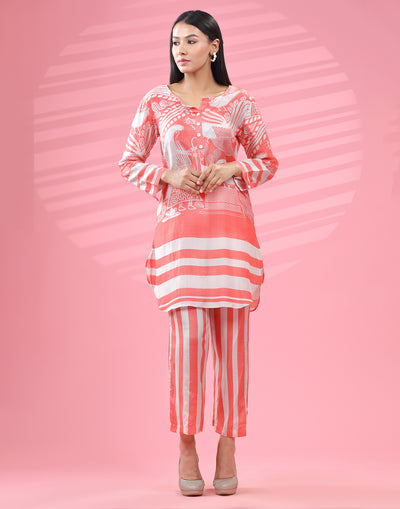 Coral Pink Printed Fusion Co-ord Set