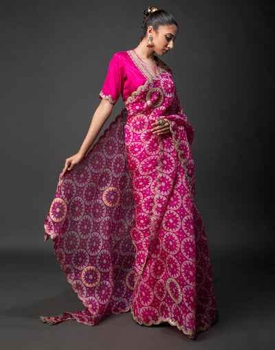 Fuchsia Pink Bandhani Saree With Stitched Blouse