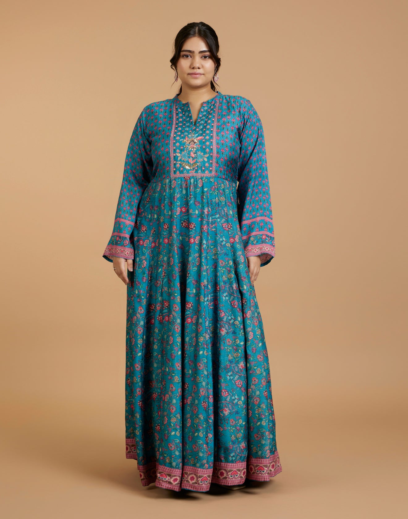 peacock-blue-kalamkari-printed-kurti-with-hand-embroidered-yoke