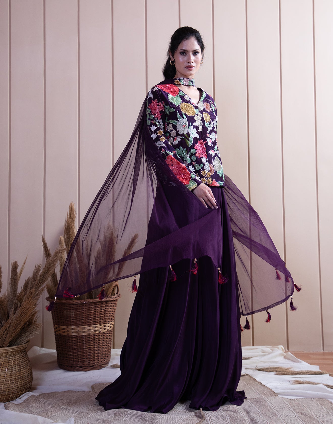 Purple Allum Embroidered Festive Fusion Set – Roopkala Global