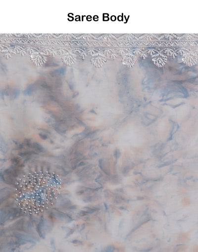 Quartz Grey Marble Print Satin Embellished Saree