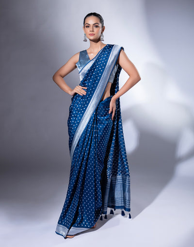 Royal Blue Woven Saree In Silver Weave