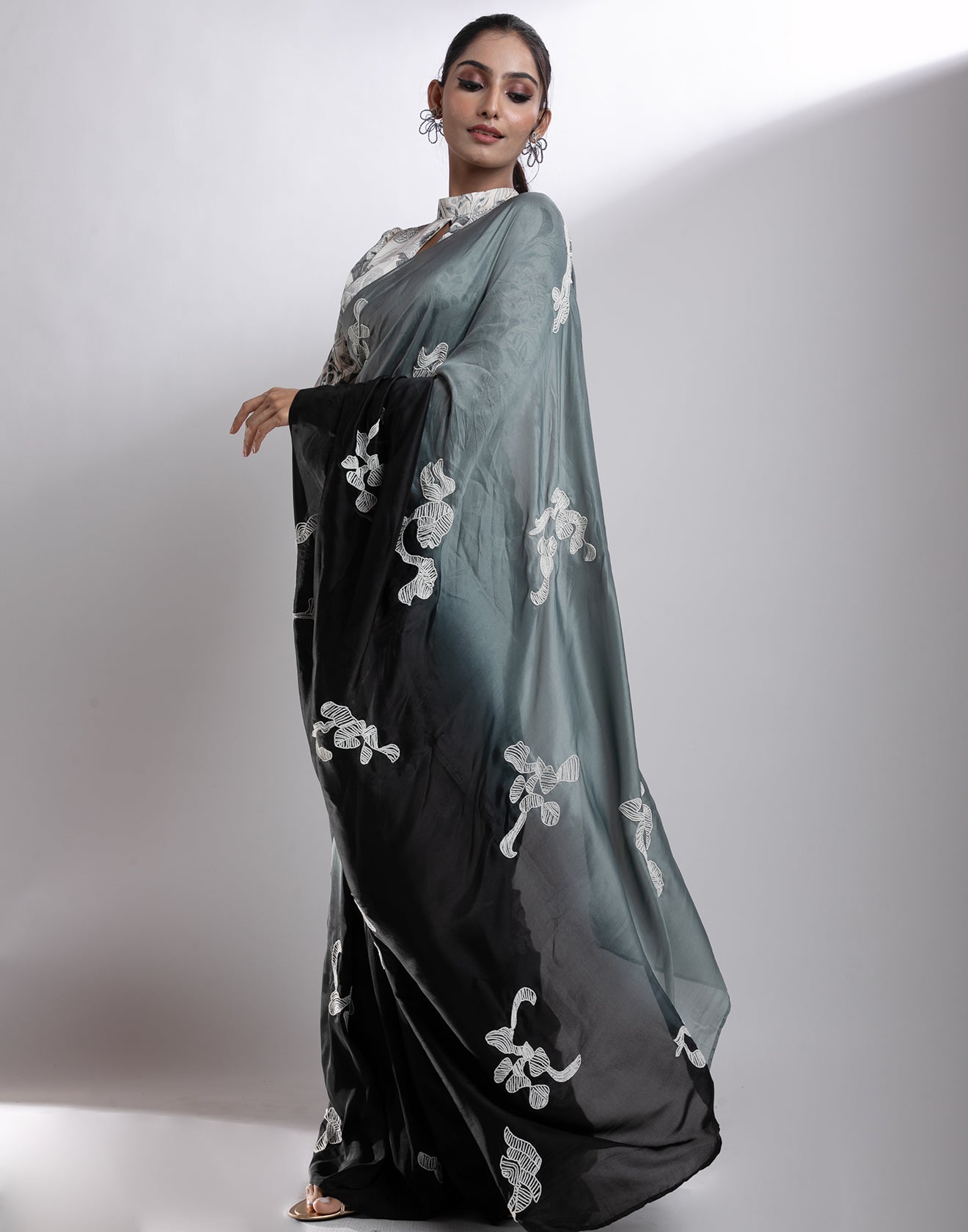 Steel Grey And Black Ombre Pearl Embellished Saree