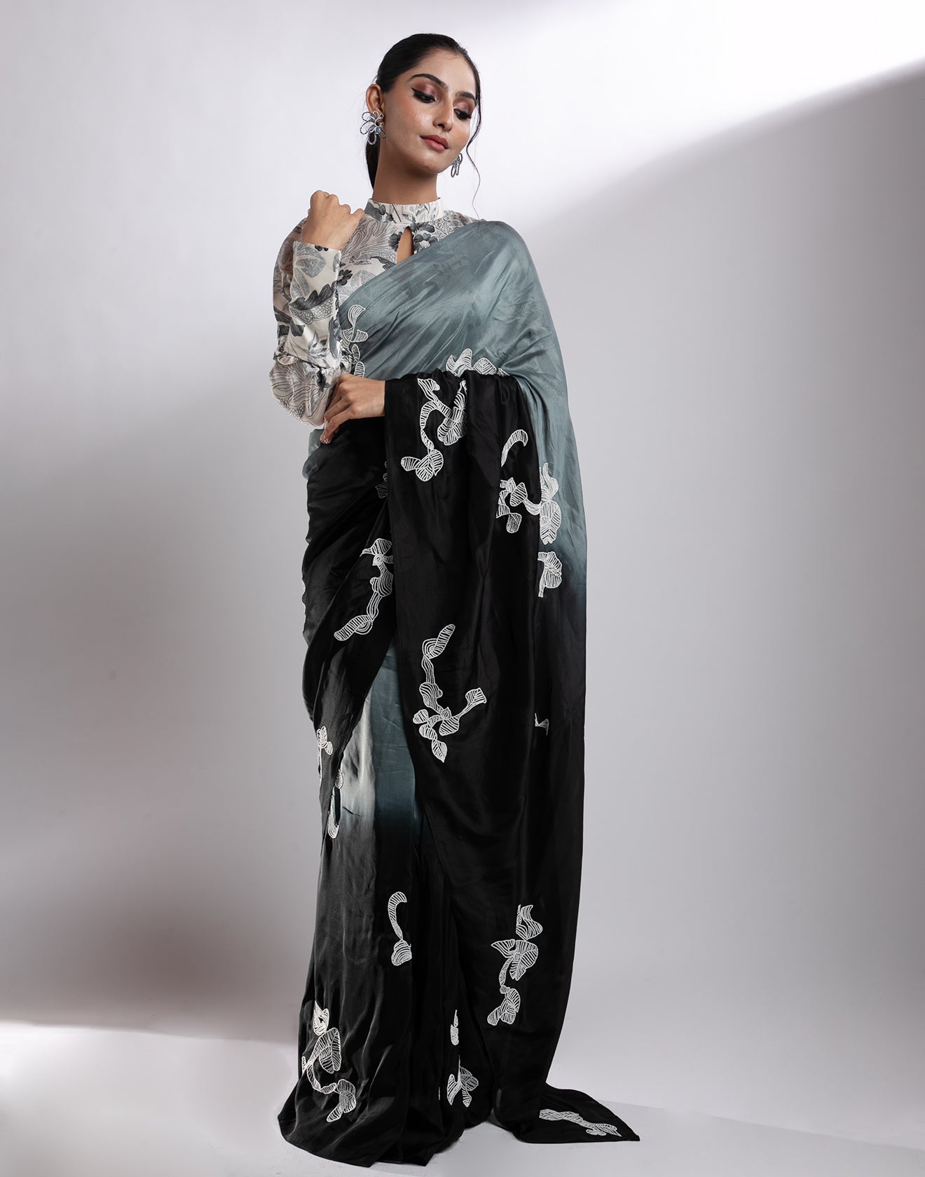 Steel Grey And Black Ombre Pearl Embellished Saree