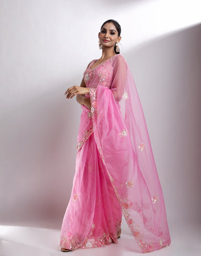 Tickled Pink Embroidered Organza Saree