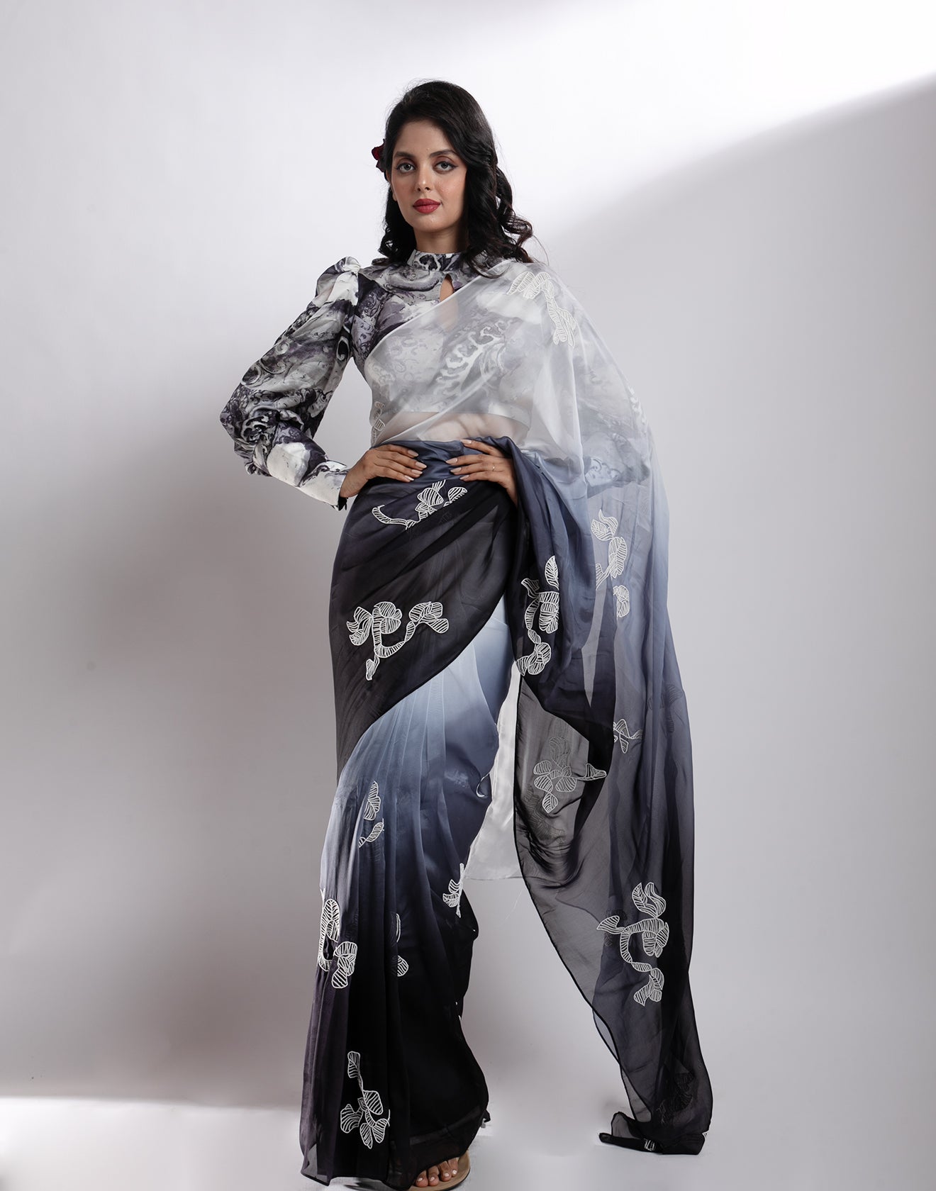White And Navy Blue Ombre Embellished Organza Saree