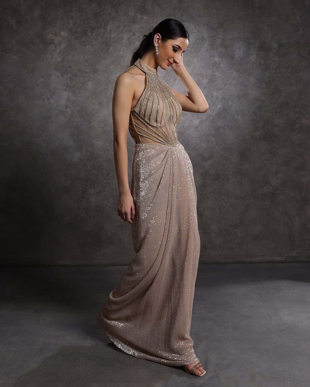 champagne sequin halter neck dress Gold Sequin Halter Neck Column Gown With Tie Belt