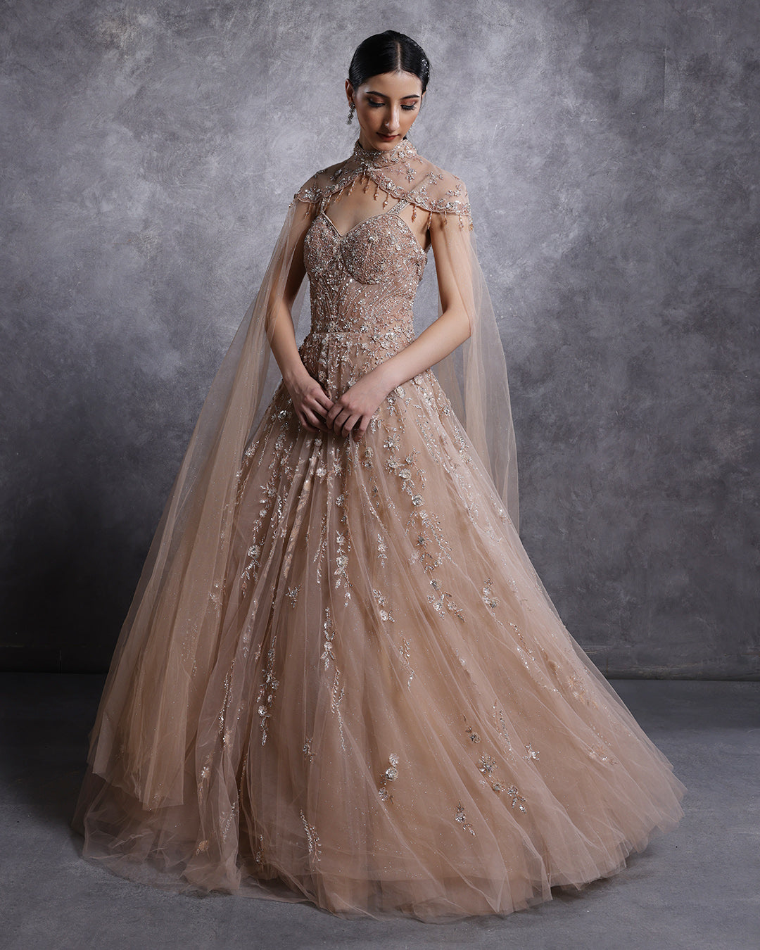Champagne Mist Embellished Bridal Gown With Shoulder Cape S Champagne Mist Embellished Bridal Gown With Shoulder Cape S