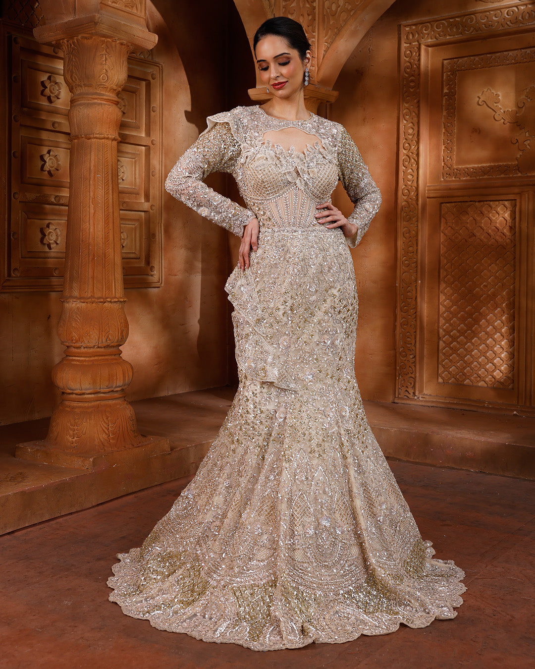 white christmas dresses Beige Fish-Cut Lehenga Set