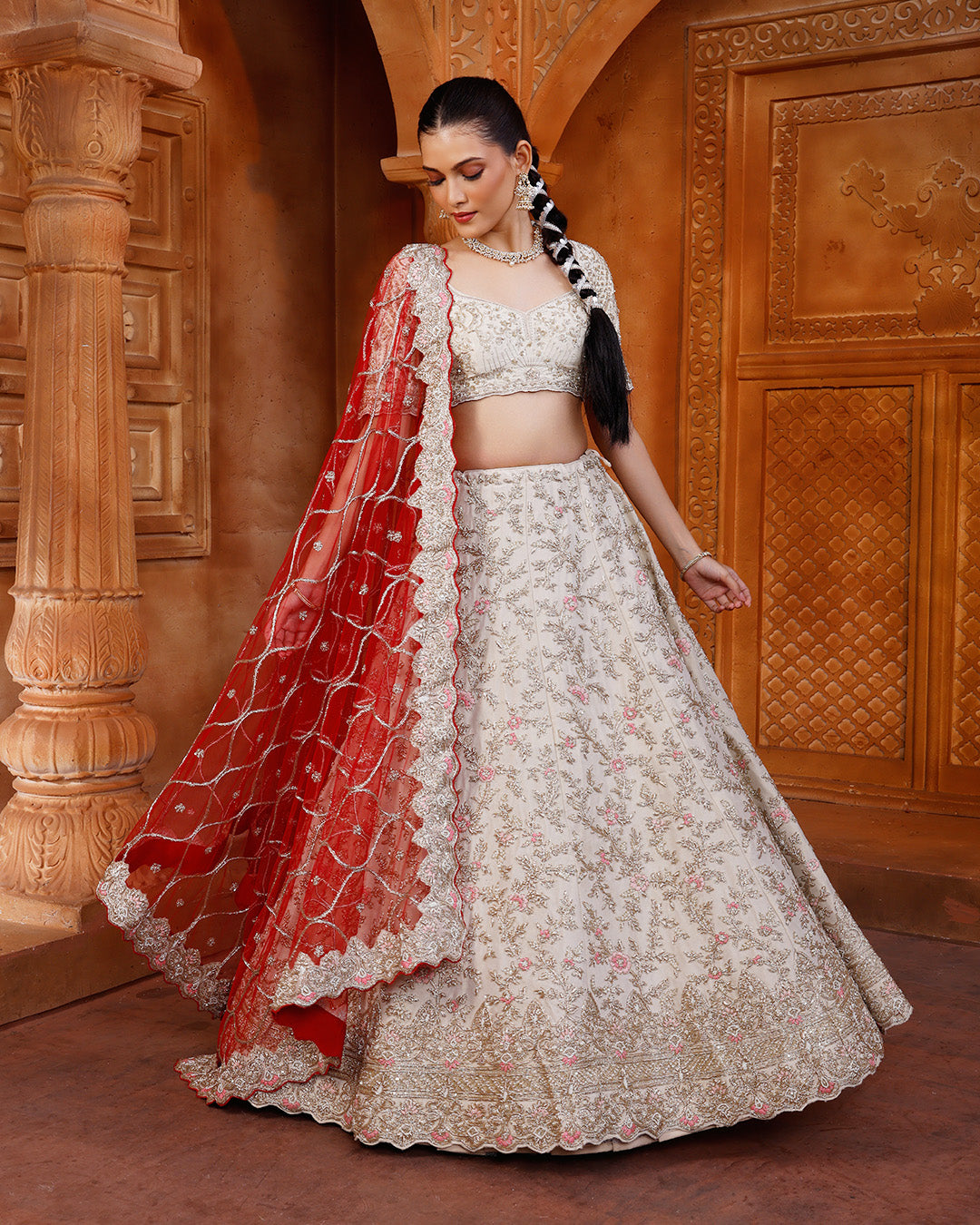 Pearl Ivory Lehenga Set With Unstitched Blouse Fabric And Contrast