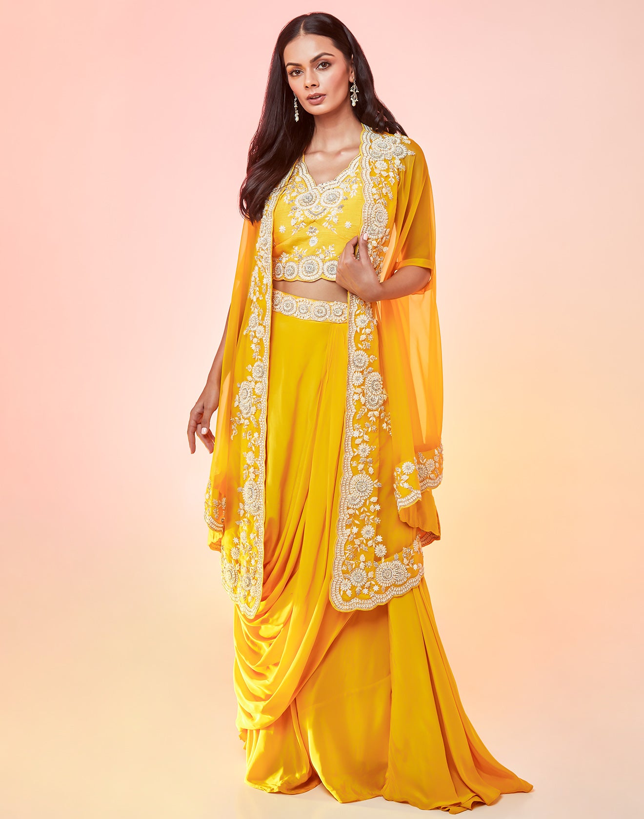 Canary Yellow Draped Fusion Set With Cape Sleeves And Embroidered In Ivory