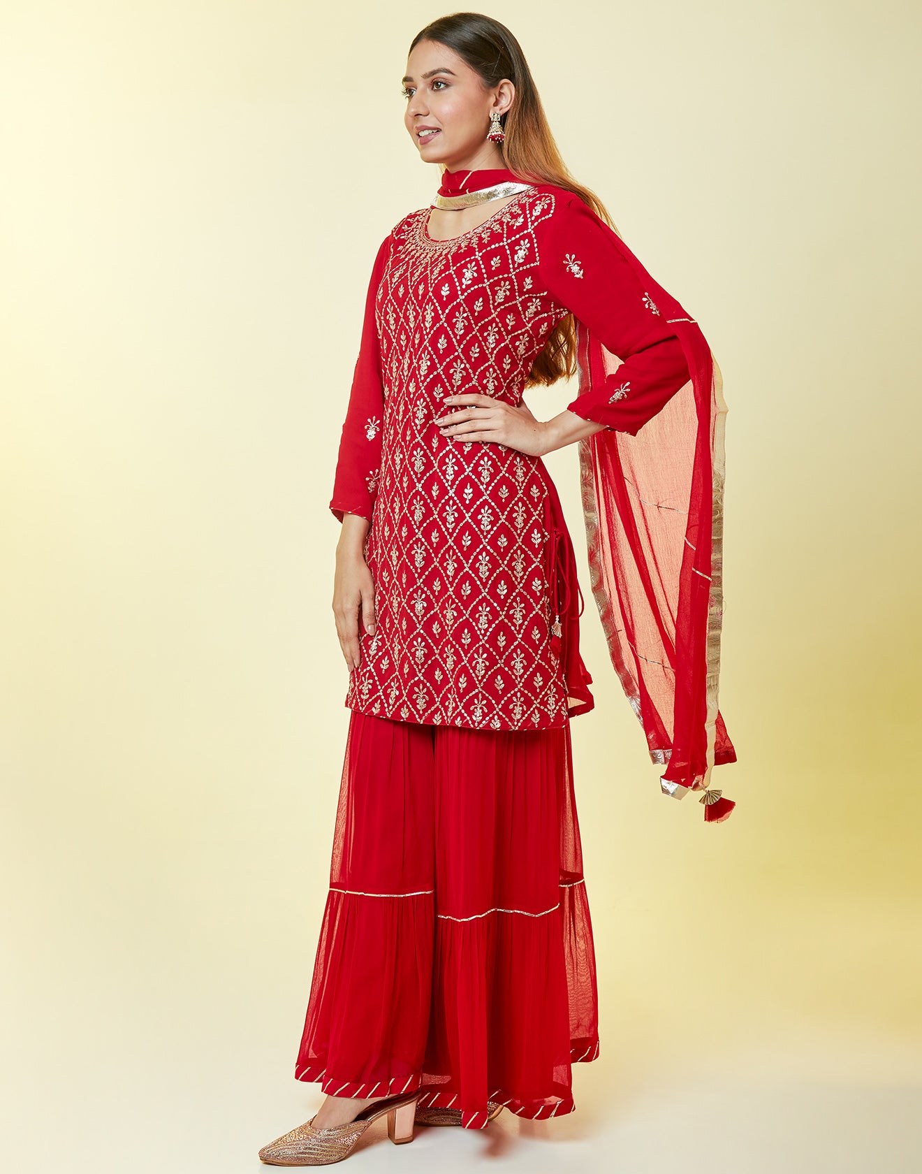 Scarlet Red Sharara Suit In Georgette With Sequin Embroidery