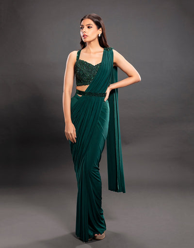Sea Green Elegant Pre-stitched Saree