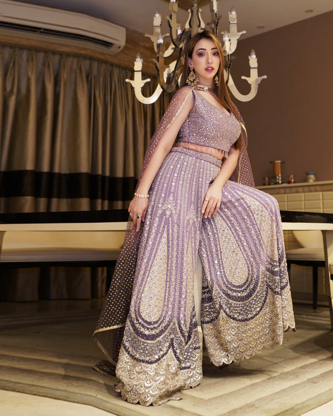 Afsha Khan In Glistering Lavender Embellished Fusion Set