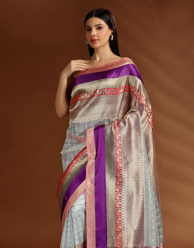 Antique Mist With Contrast Border Pure Silk Saree With Unstitched Blouse Fabric
