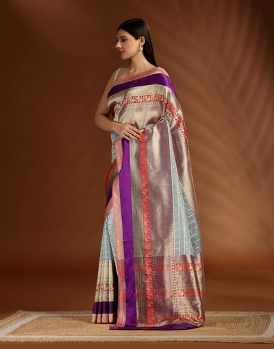 Antique Mist With Contrast Border Pure Silk Saree With Unstitched Blouse Fabric