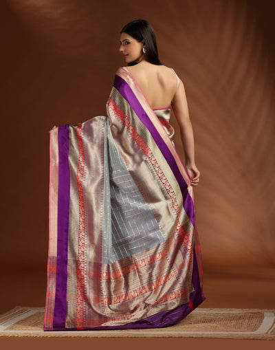 Antique Mist With Contrast Border Pure Silk Saree With Unstitched Blouse Fabric