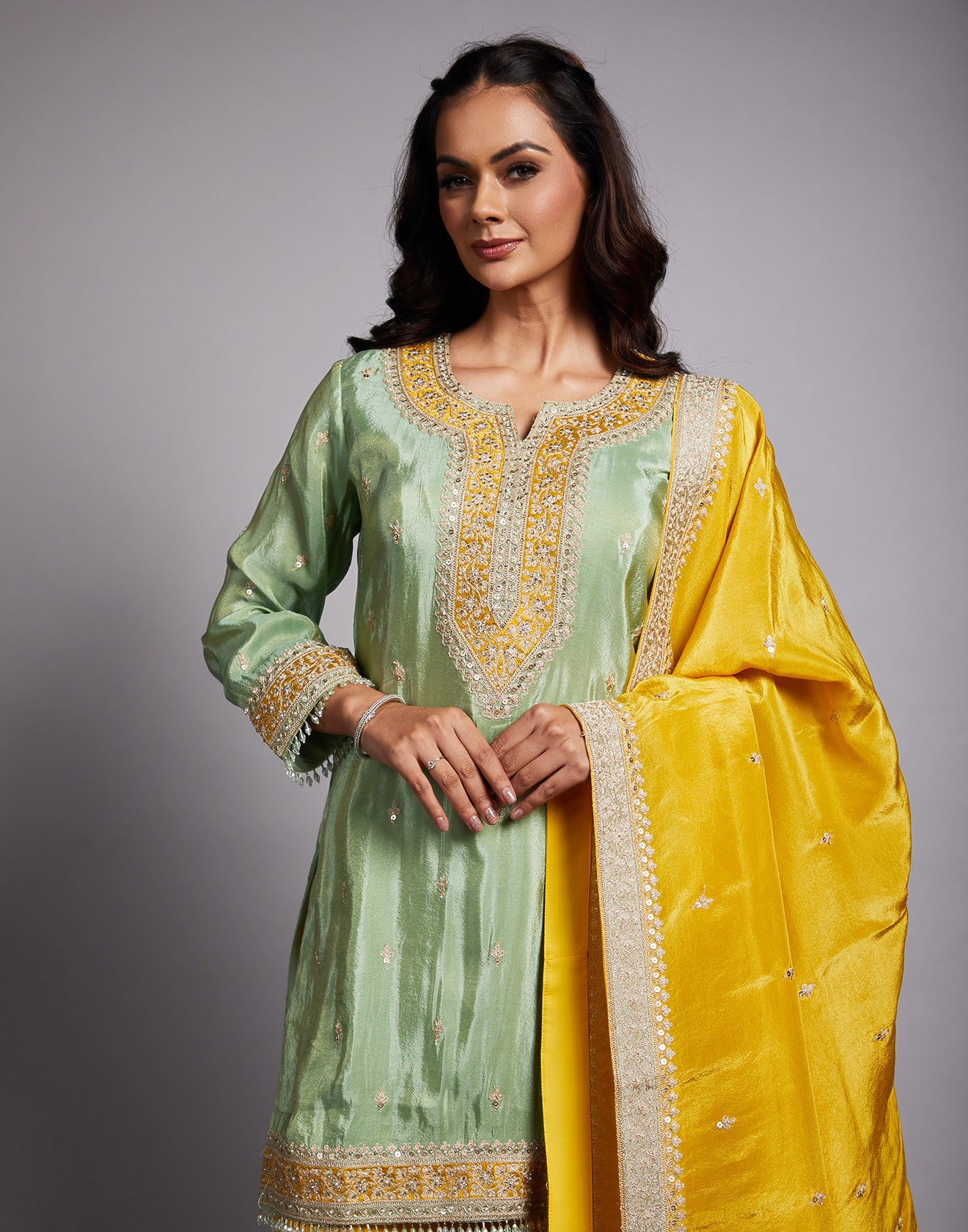 Aqua Green And Yellow Embroidered Festive Salwar Suit Set