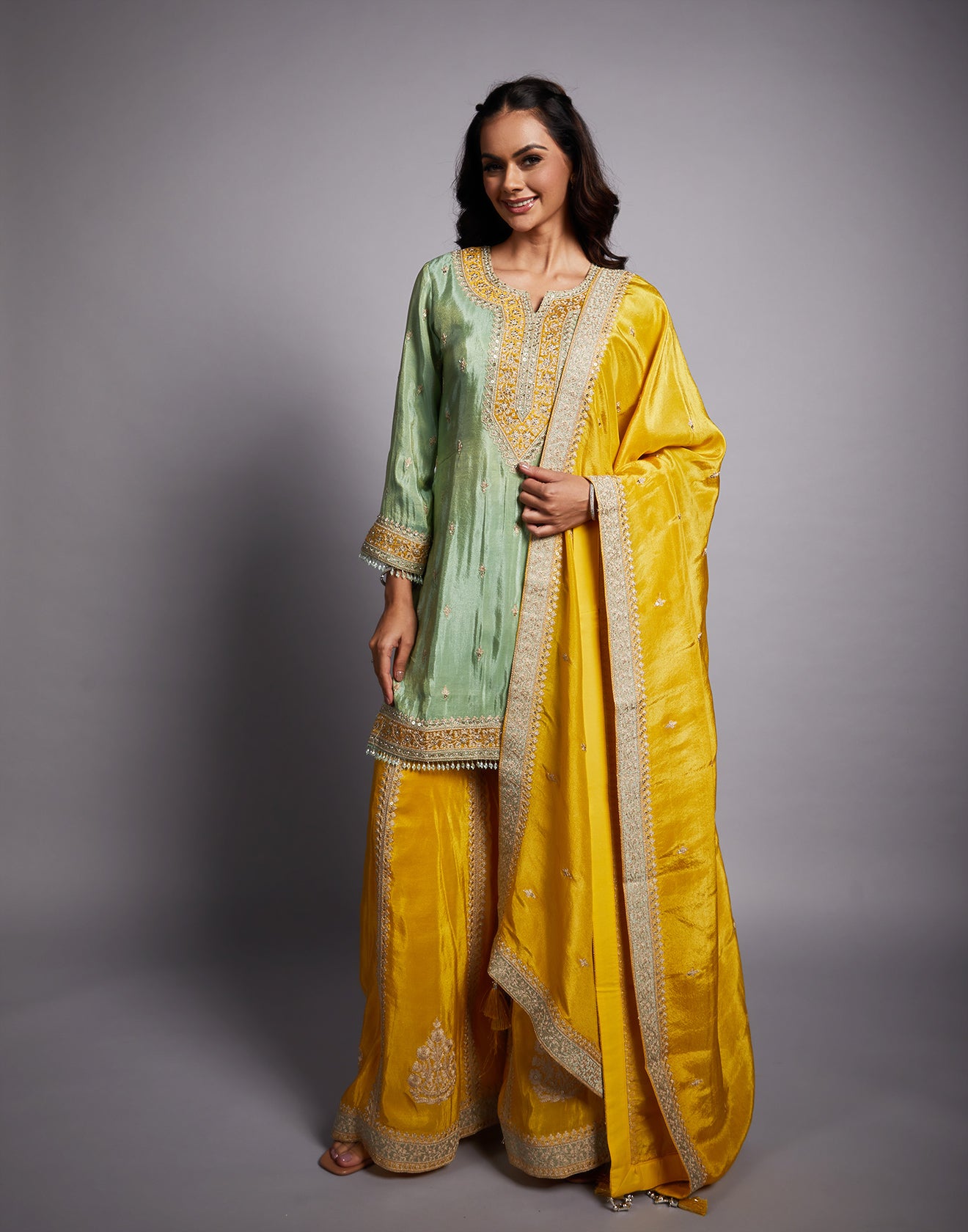 Aqua Green And Yellow Embroidered Festive Salwar Suit Set