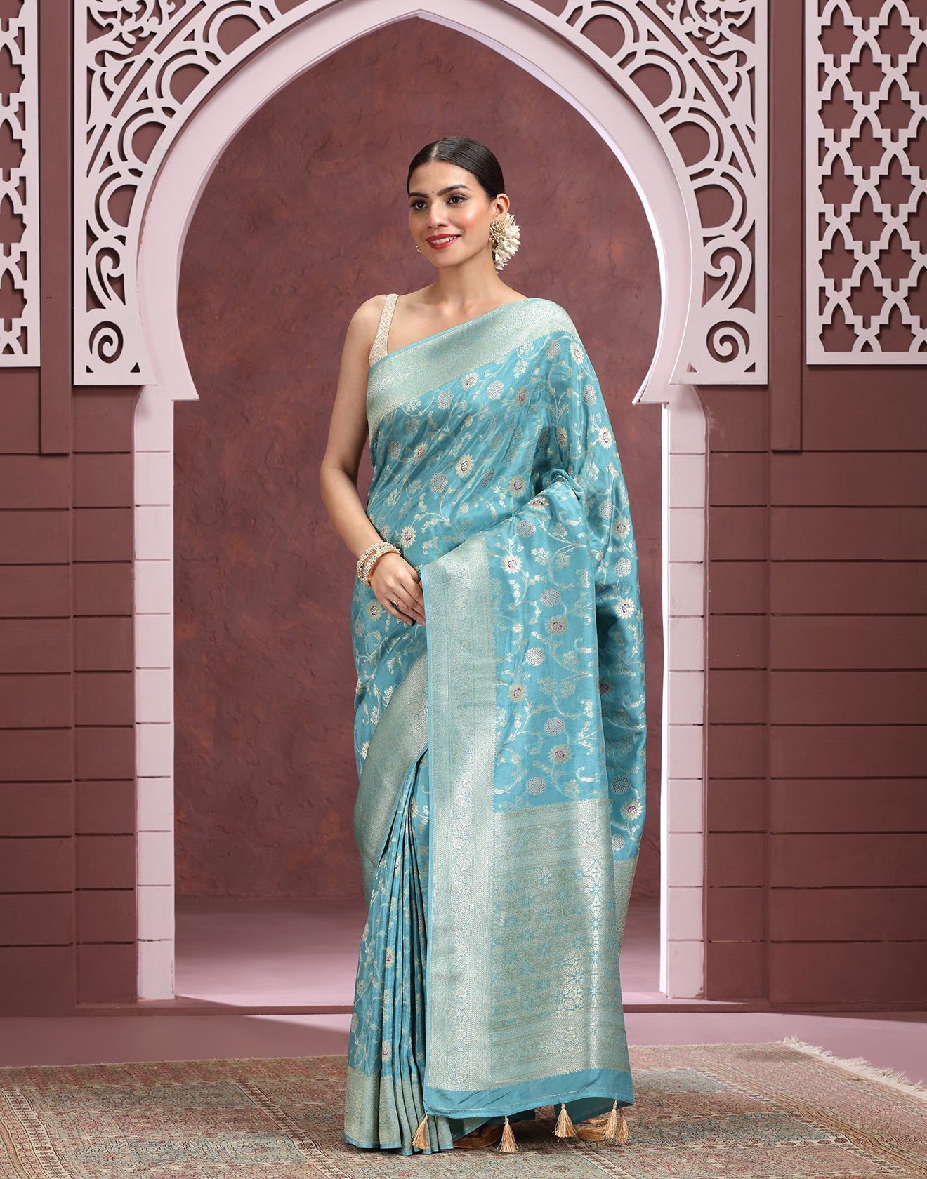Aqua Mist Floral Jaal Silk Saree