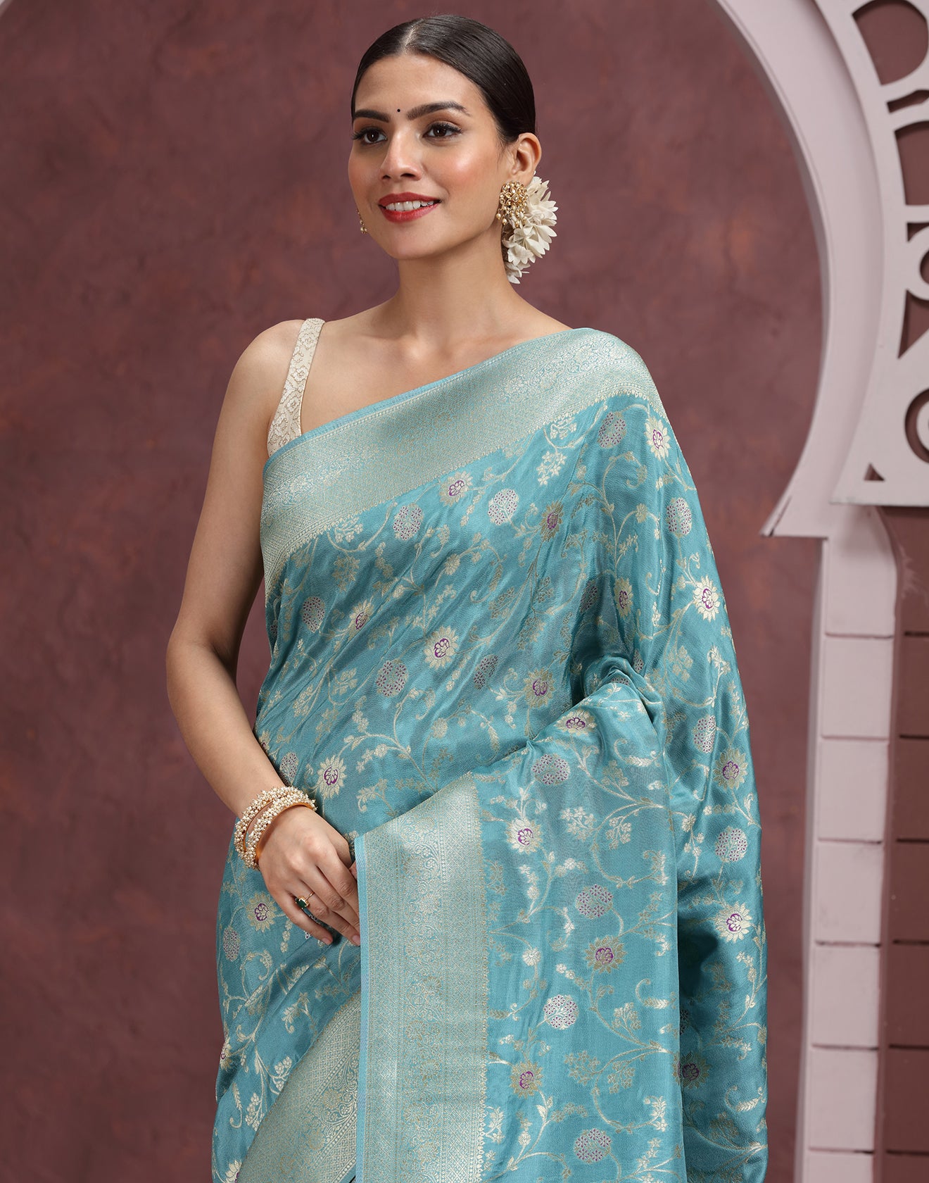 Aqua Mist Floral Jaal Silk Saree