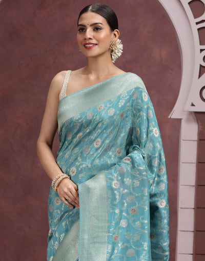 Aqua Mist Floral Jaal Silk Saree