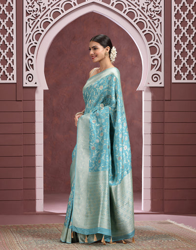 Aqua Mist Floral Jaal Silk Saree