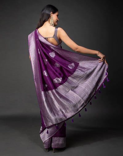 Aubergine Purple Saree In Silver Weave