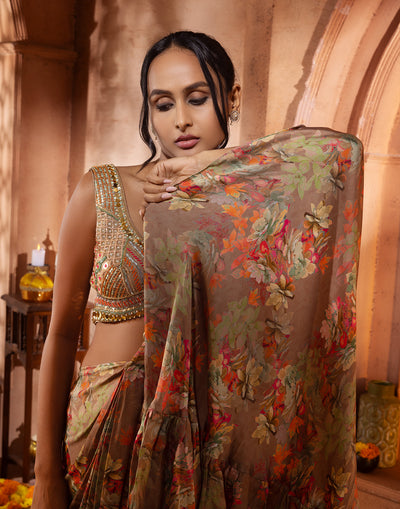 Autumn Brown Floral Printed Modal Satin Pre-Stitched Saree