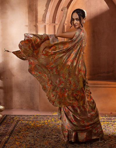 Autumn Brown Floral Printed Modal Satin Pre-Stitched Saree