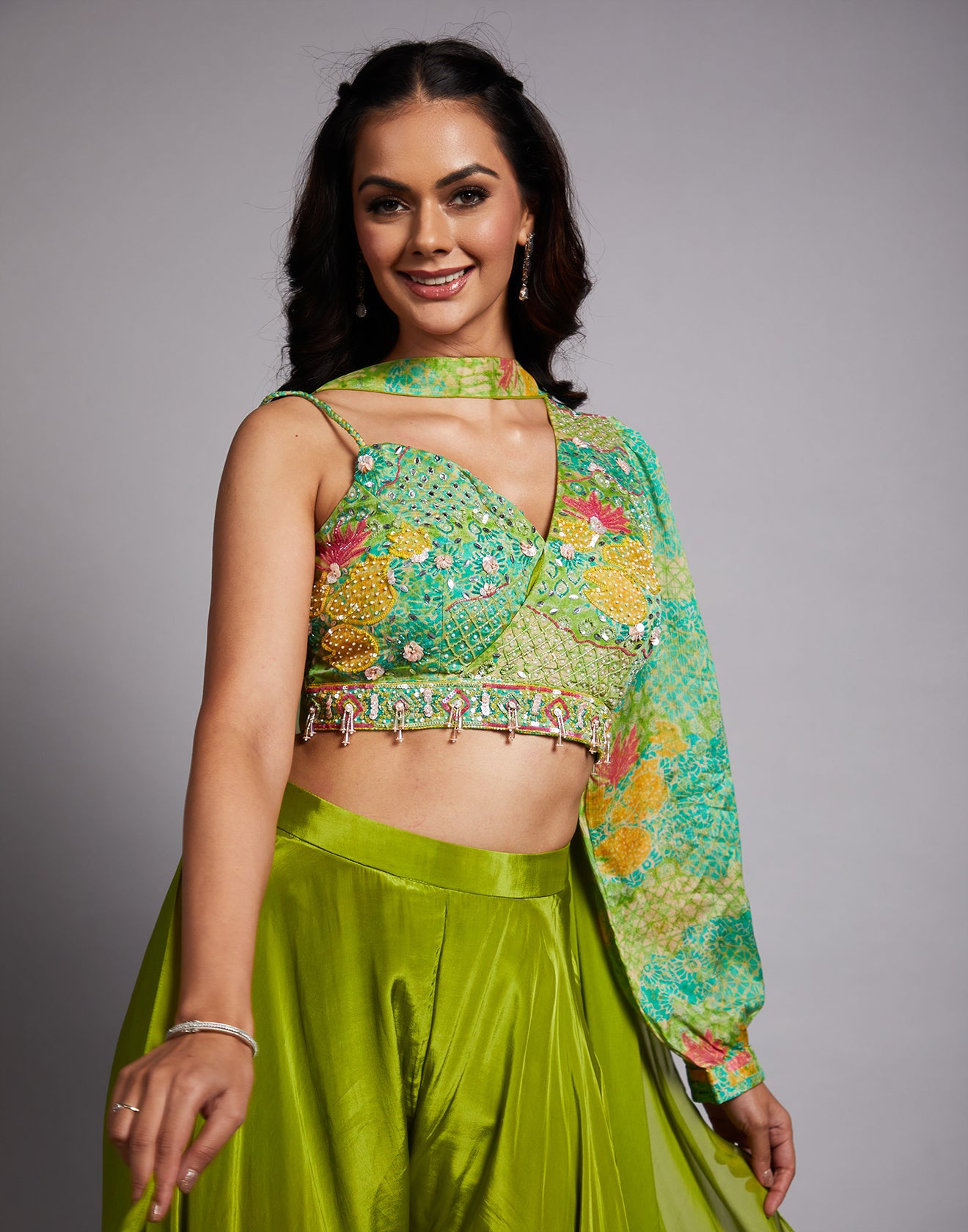 Bandhej Printed Crop Top With Flared Pant Fusion Set