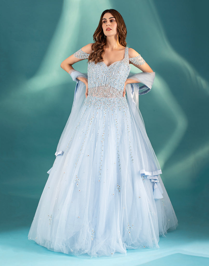 Beau Blue Embellished Cocktail Gown Roopkala Global