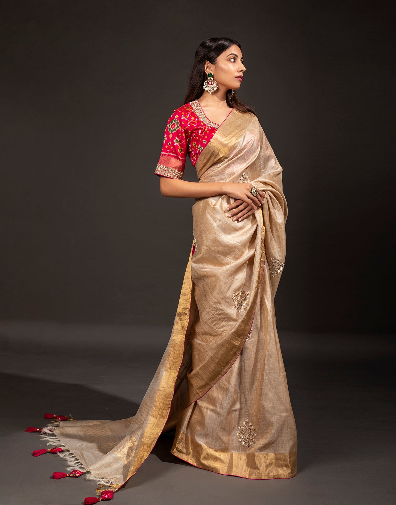 Beige Festive Saree With Contrast Stitched Blouse