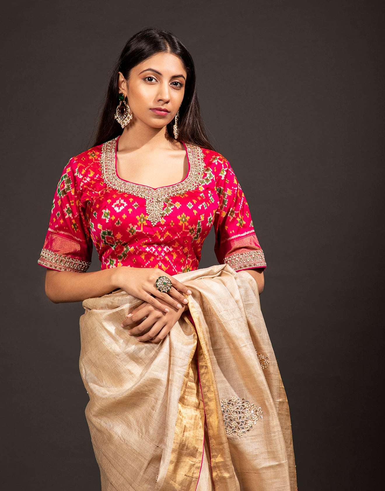 Beige Festive Saree With Contrast Stitched Blouse