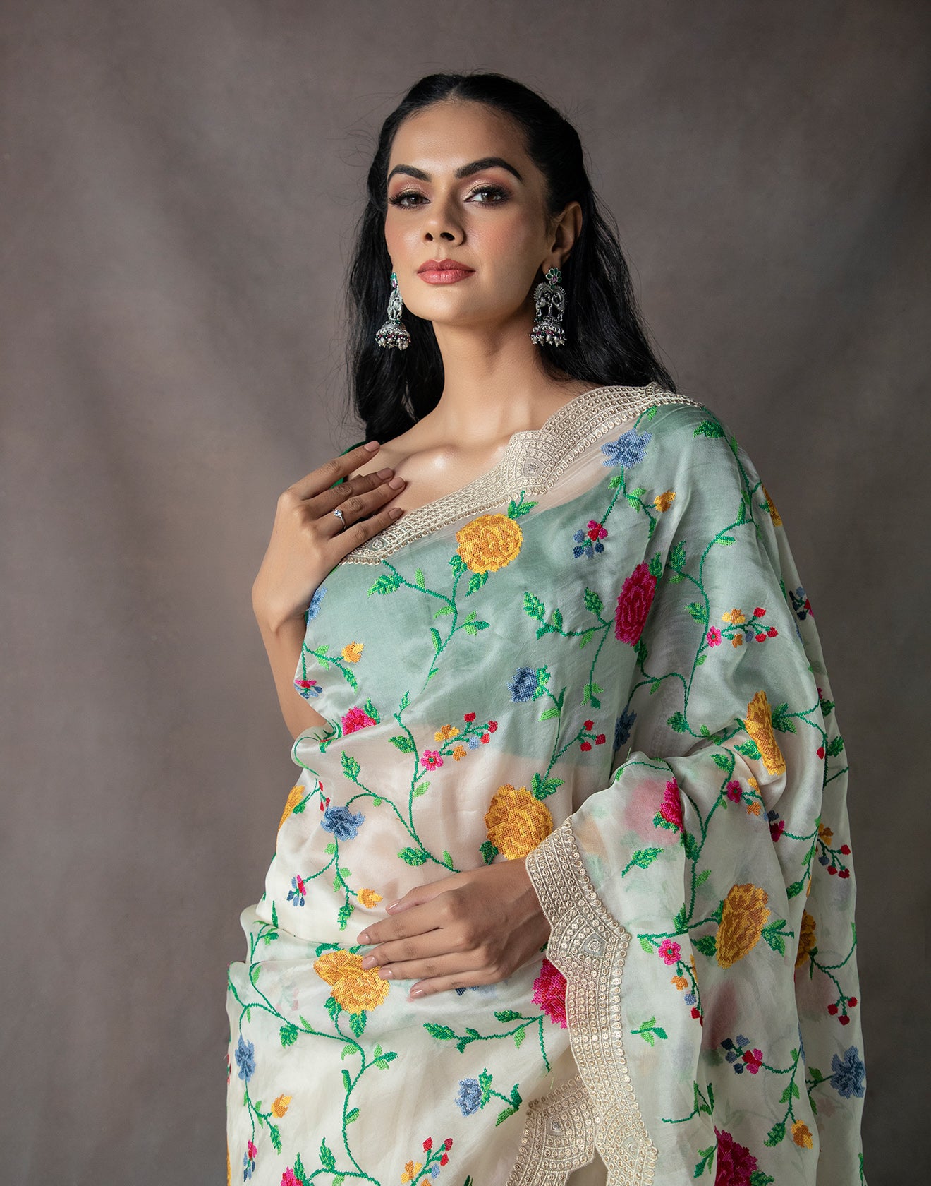 Beige Floral Smooth Embroidered Saree