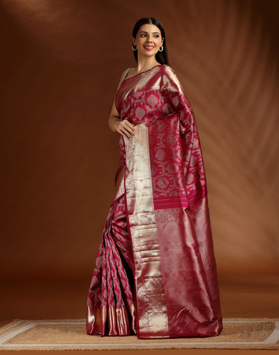 Berry Sangria Brocade Kanjivaram Saree With Unstitched Blouse Fabric