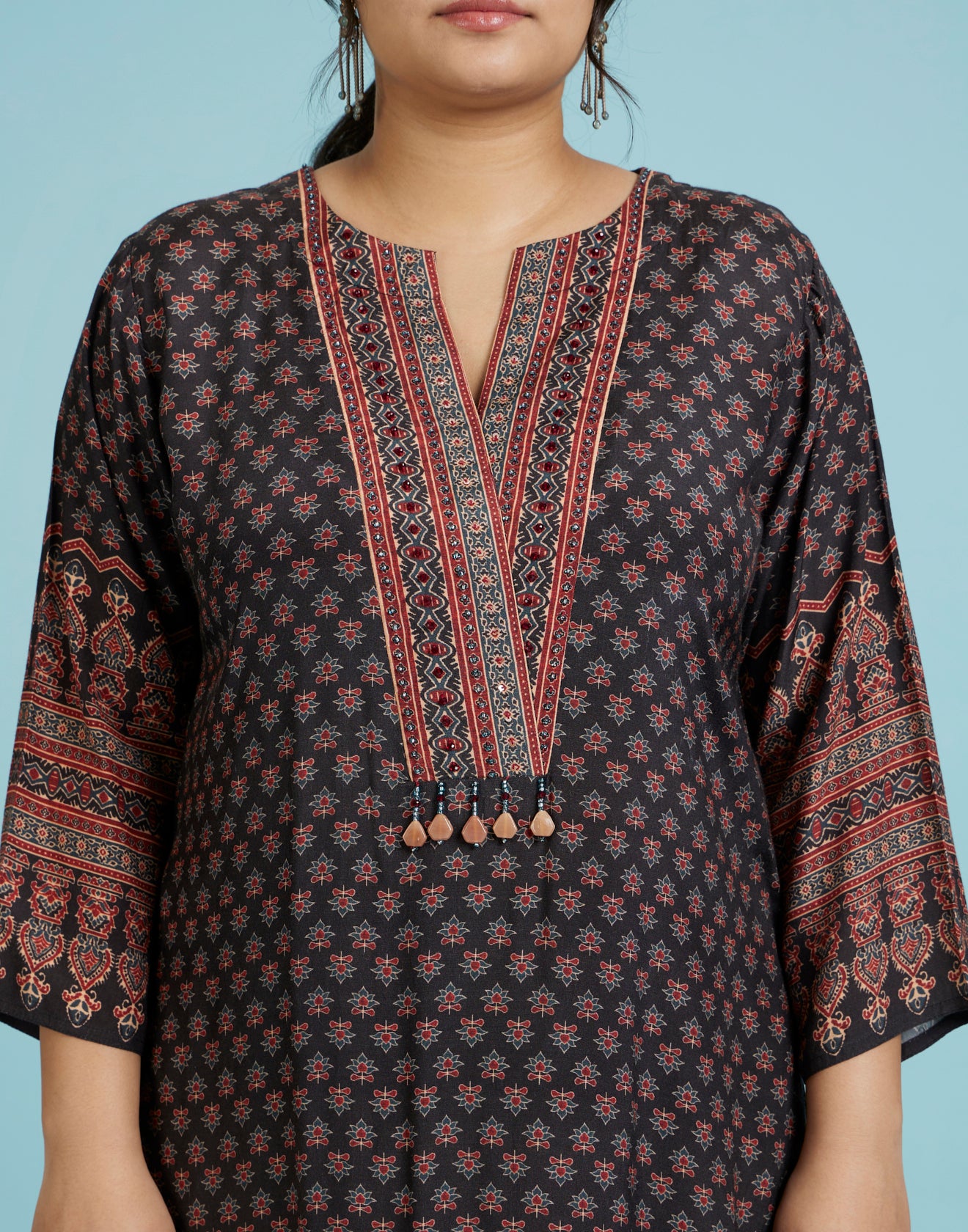 Black And Brick Ethnic Printed Workwear Kurta Set