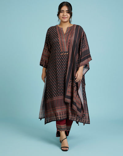 Black And Brick Ethnic Printed Workwear Kurta Set