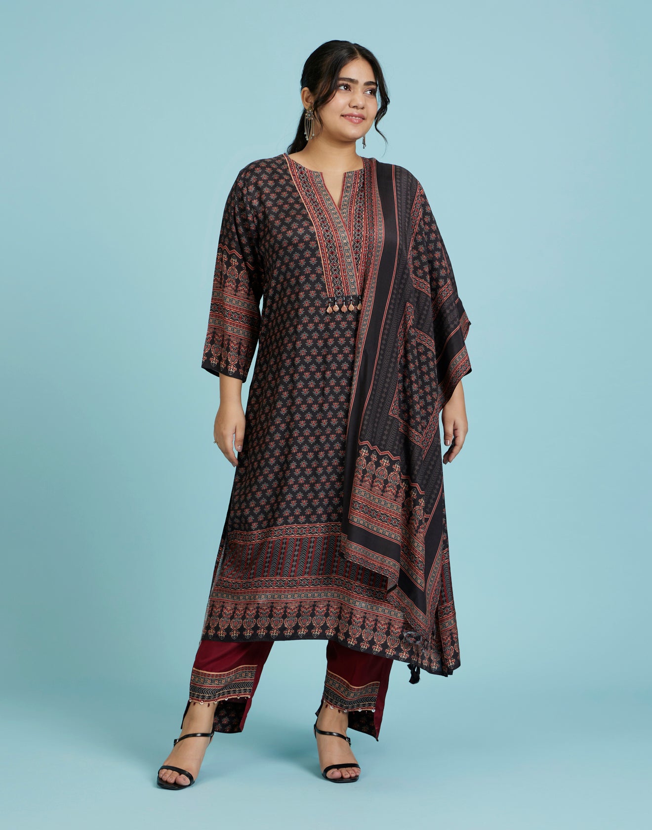 Black And Brick Ethnic Printed Workwear Kurta Set