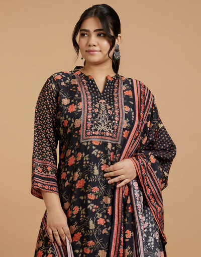 Black With Vibrant Multi Hue Kalamkari Printed Silk Kurta Set