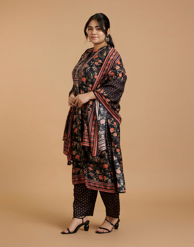 Black With Vibrant Multi Hue Kalamkari Printed Silk Kurta Set