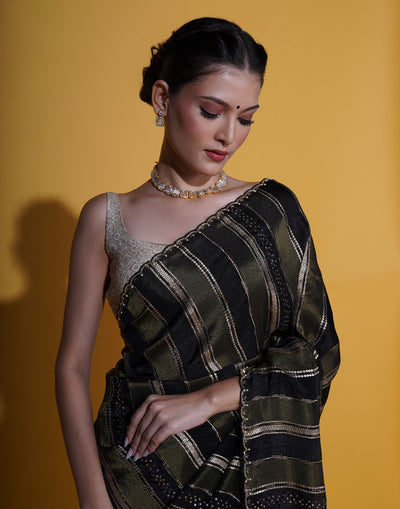 Black And Antique Gold Stripped Embellished Saree