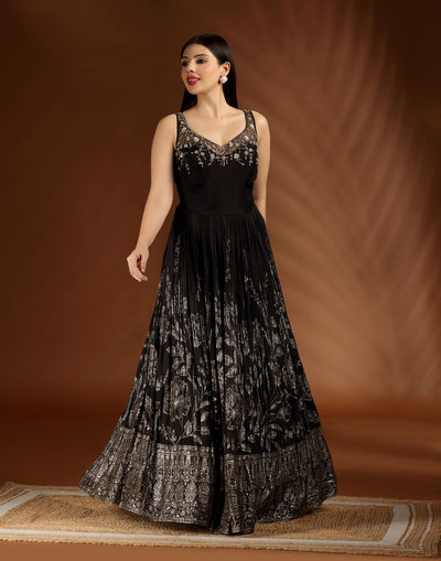 Black And Gold Crushed Silk Anarkali Set