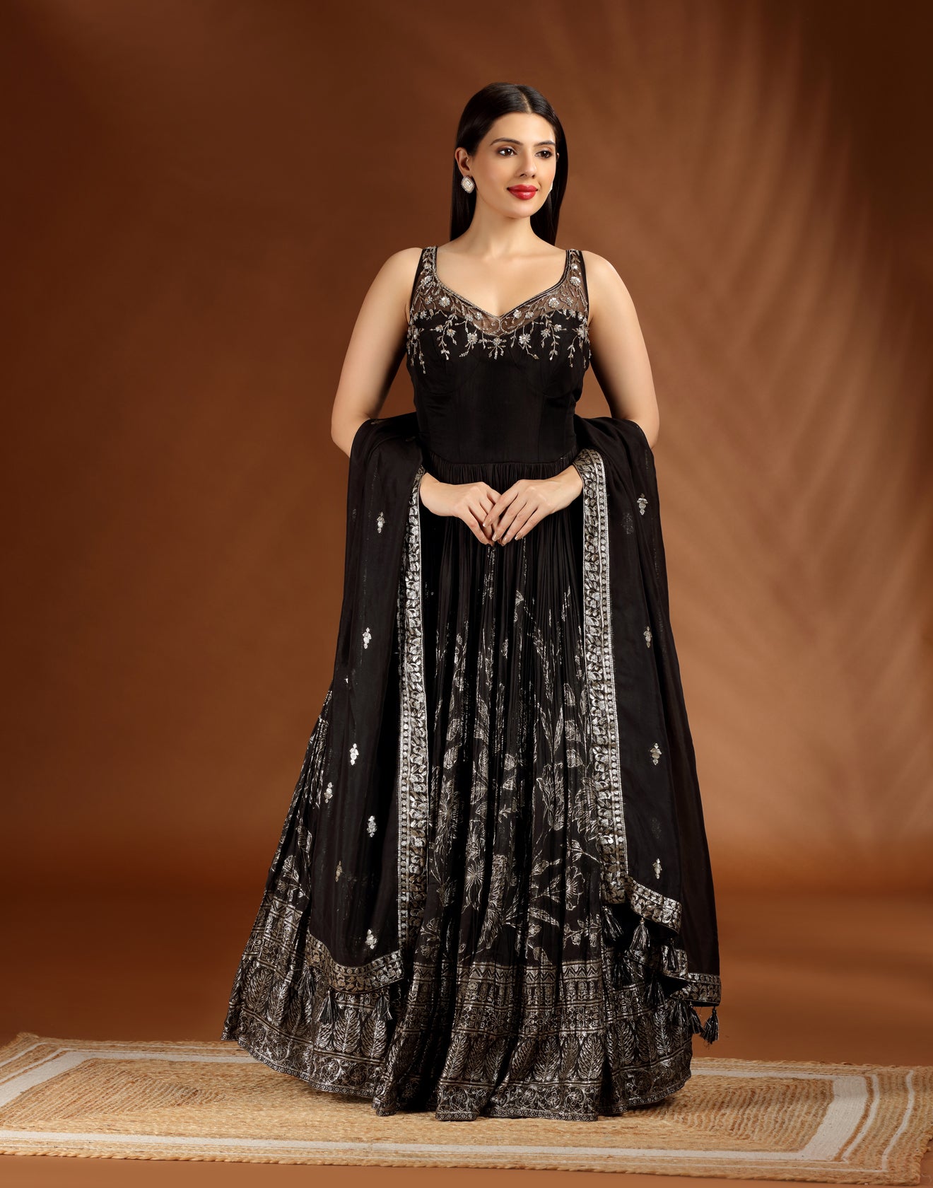 Black And Gold Crushed Silk Anarkali Set