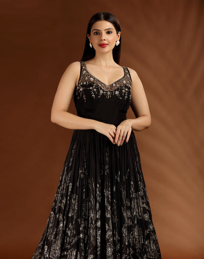 Black And Gold Crushed Silk Anarkali Set