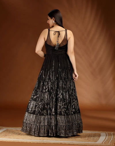 Black And Gold Crushed Silk Anarkali Set