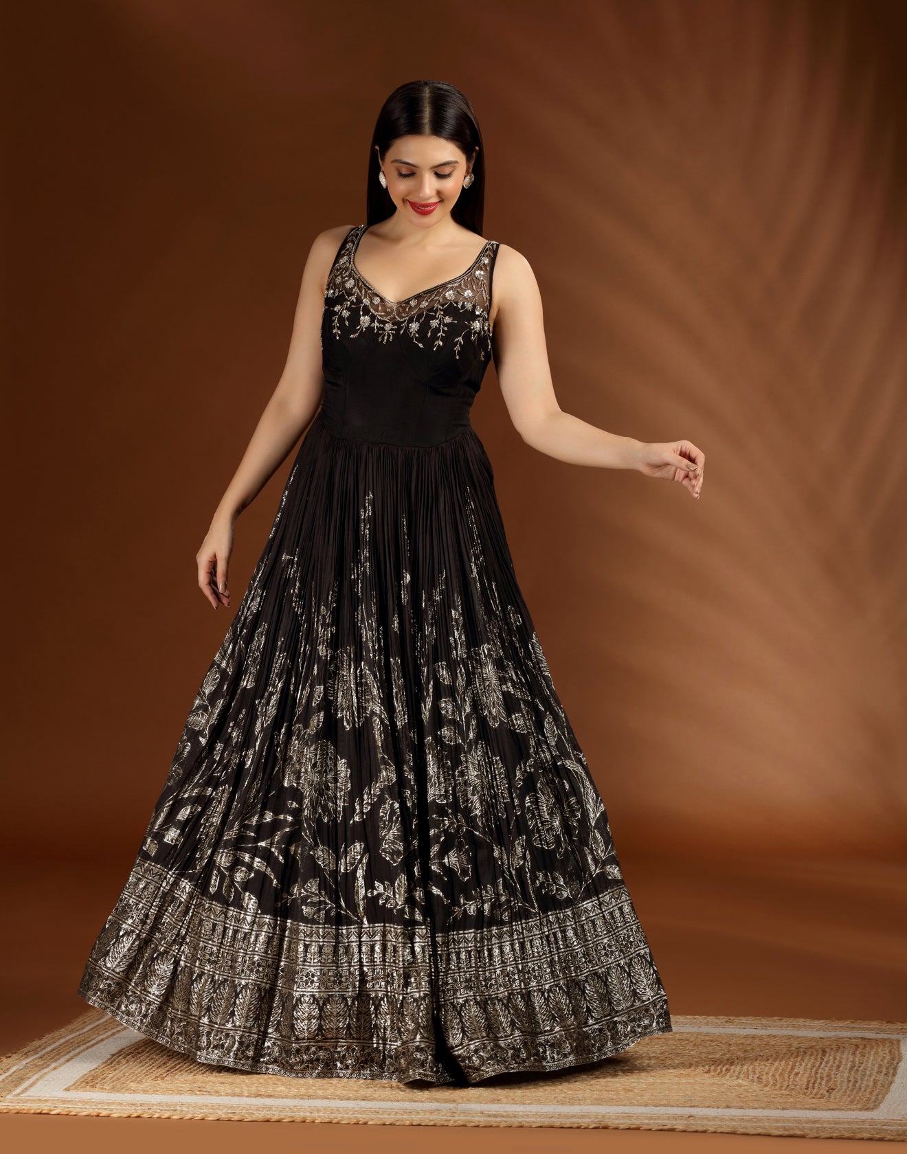 Black And Gold Crushed Silk Anarkali Set