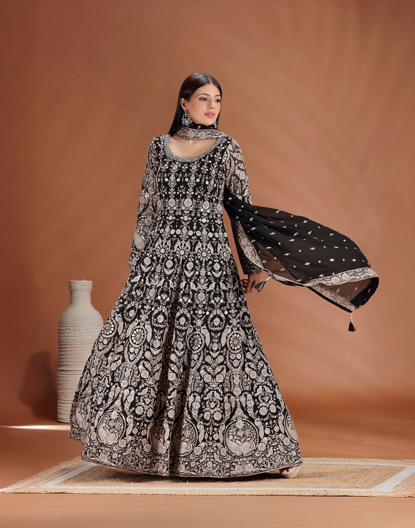 Black Baroque Resham Embroidered Anarkali Set