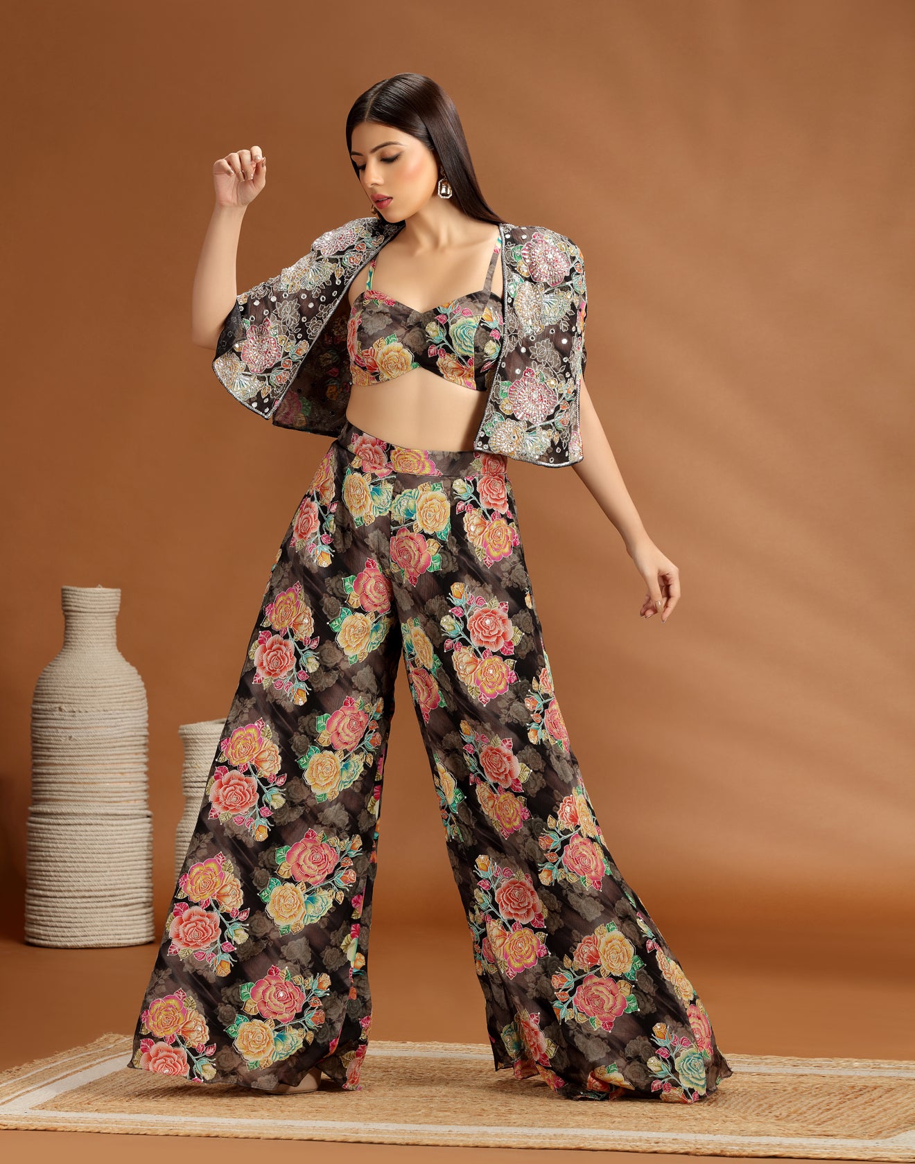 Black Gardenia Floral Printed Fusion Set